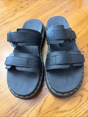 Dr. Martens Black Leather Slide Sandals with Yellow Stitching